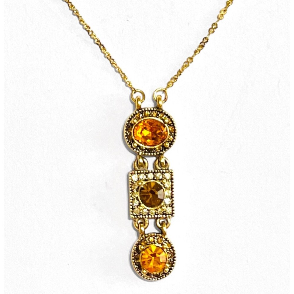 VTG Premier Designs Necklace Y Drop Necklace Brown Amber Crystals 3 Link Pendant